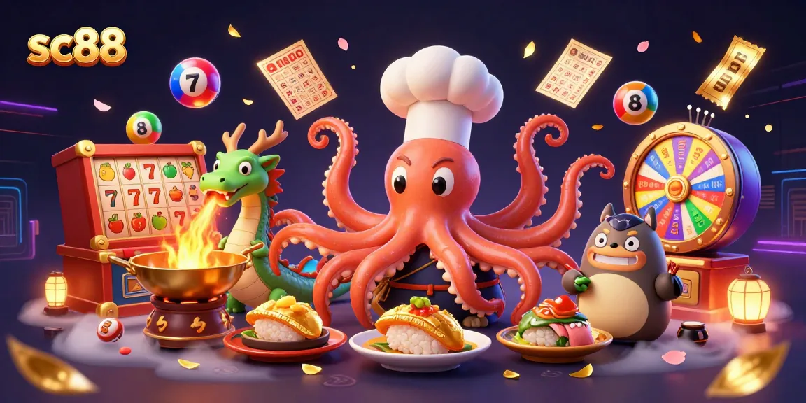 Engage in thrilling gambling experiences at sc88 with a vibrant illustration of a sushi chef octopus and dragon.