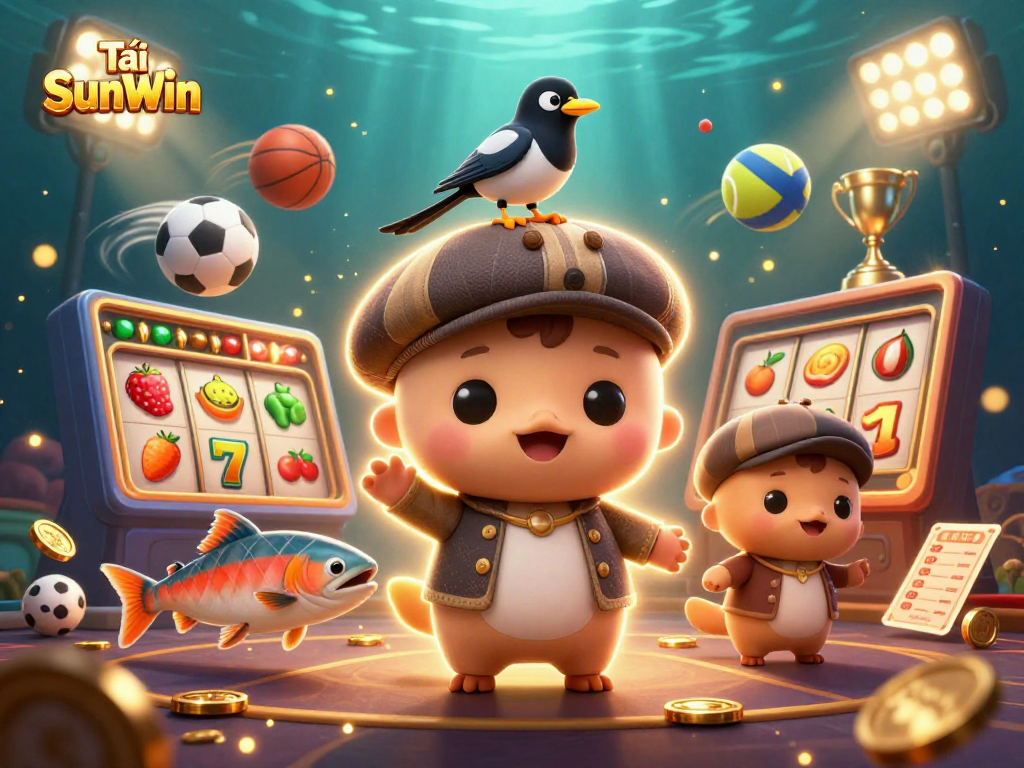 Tải SunWin captures excitement with baby Nessie in a casino setting surrounded by vibrant slot reels and sports elements.