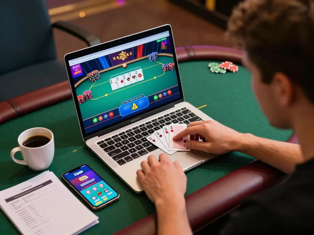 Player engaging in poker gameplay on 13win app, with strategic notes and a coffee cup nearby, highlighting online gambling excitement.