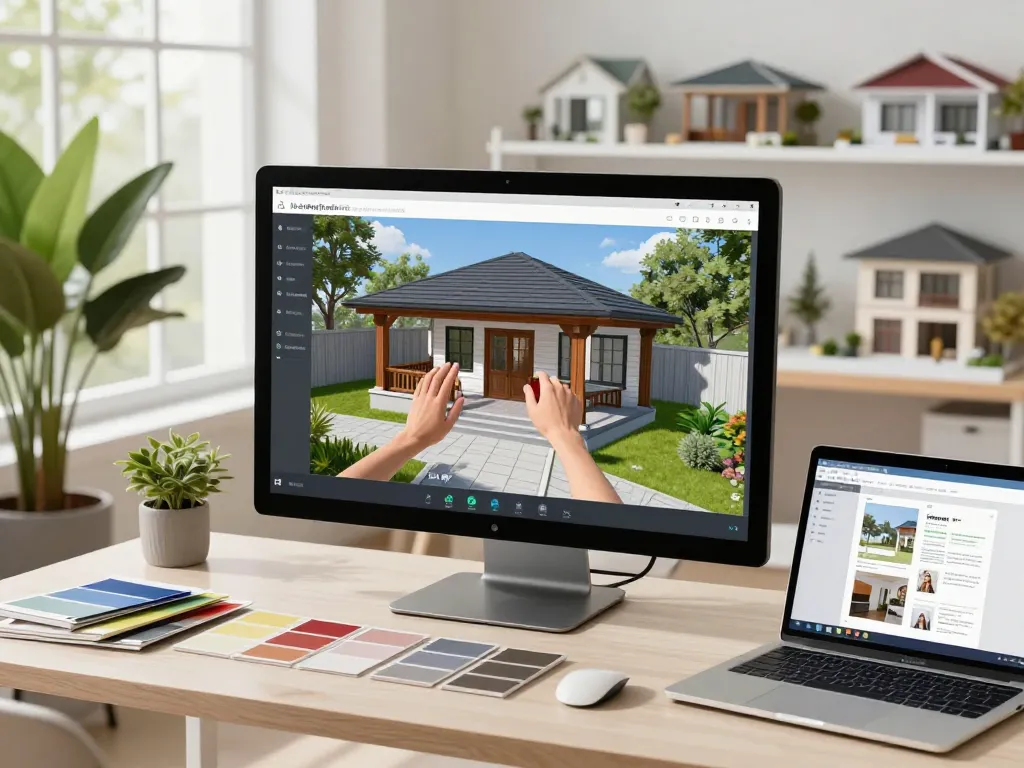 Fesselnde Szene eines Designers, der einen Veranda 3D Konfigurator verwendet, um ein stilvolles digitales Modell in einem hellen Designstudio anzupassen.