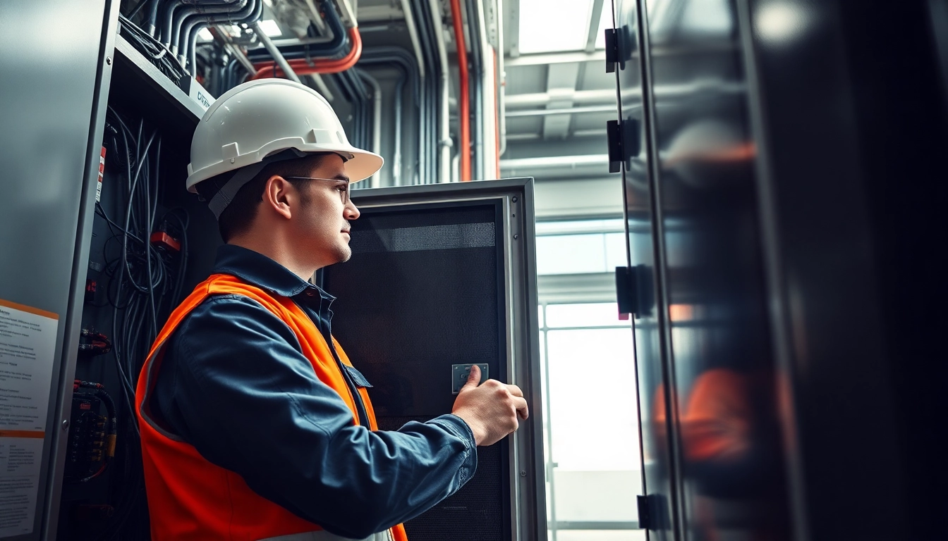 Prüfung ortsfester elektrischer Anlagen durch Techniker in einer industriellen Umgebung.