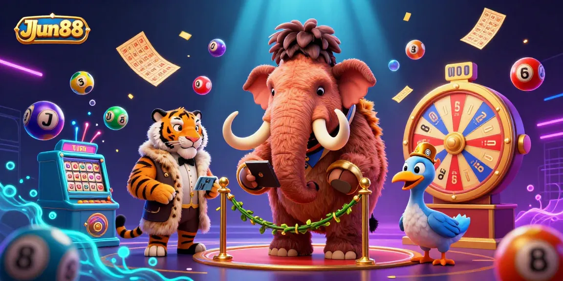 Experience the excitement of JJun88 with colorful lottery balls and vibrant casino characters in a lively setting.