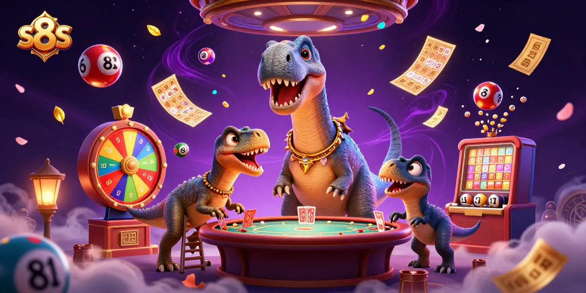 Experience s8s excitement with a brontosaurus dealer in a vibrant casino scene.