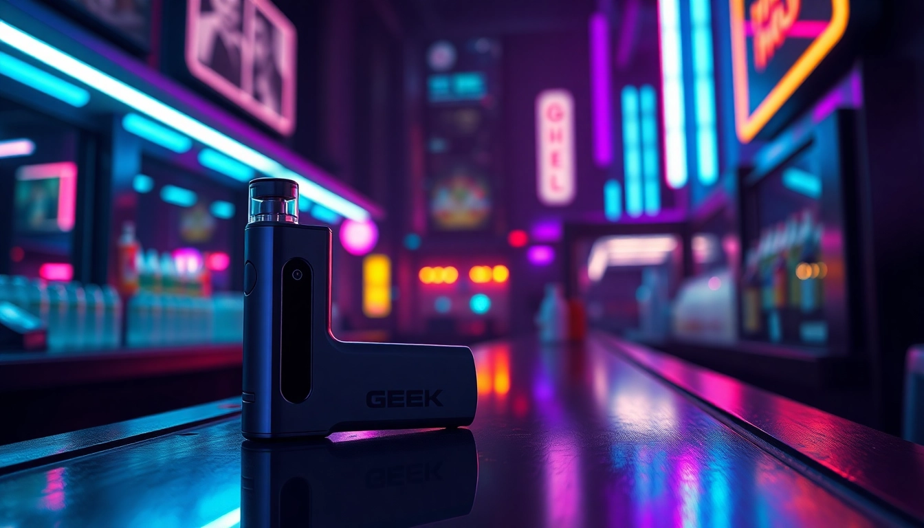 Showcasing GEEK THC disposable vape with vibrant neon reflections and modern design in an urban setting.