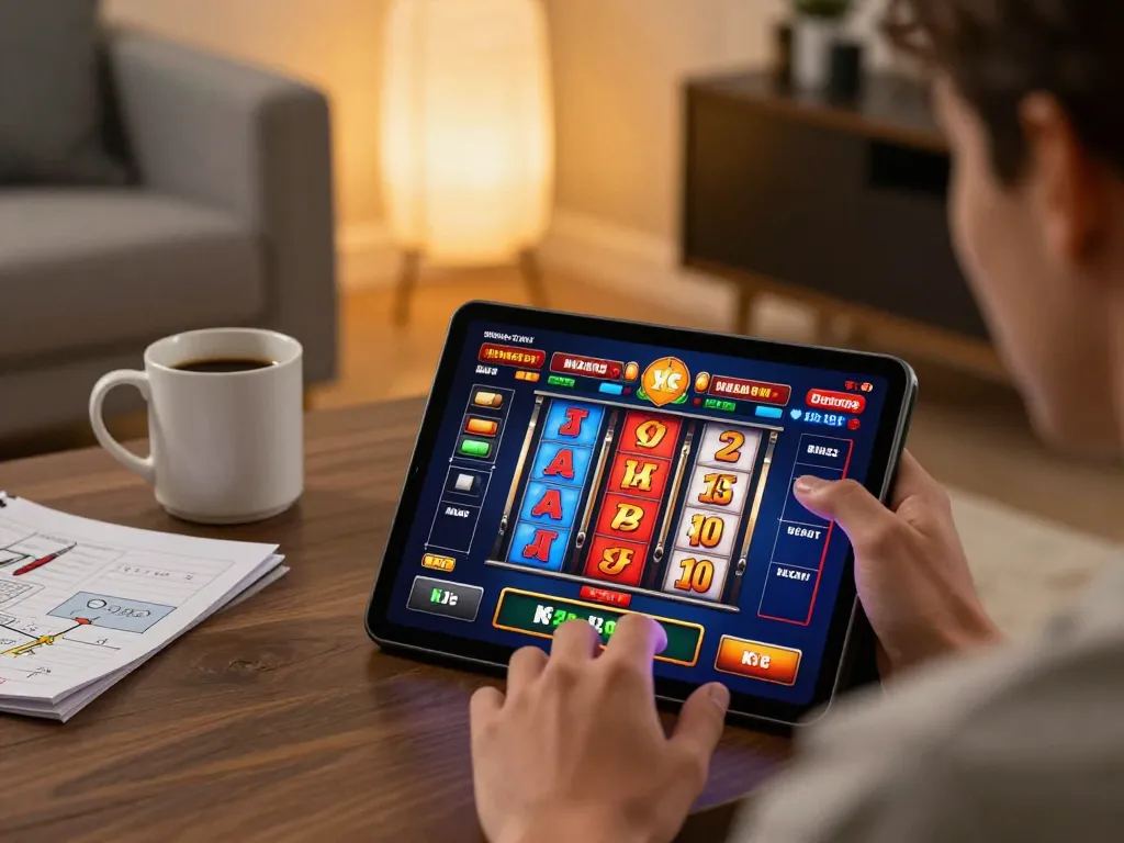 KJC online gaming session with vibrant slots interface and player engagement in a cozy home setting.