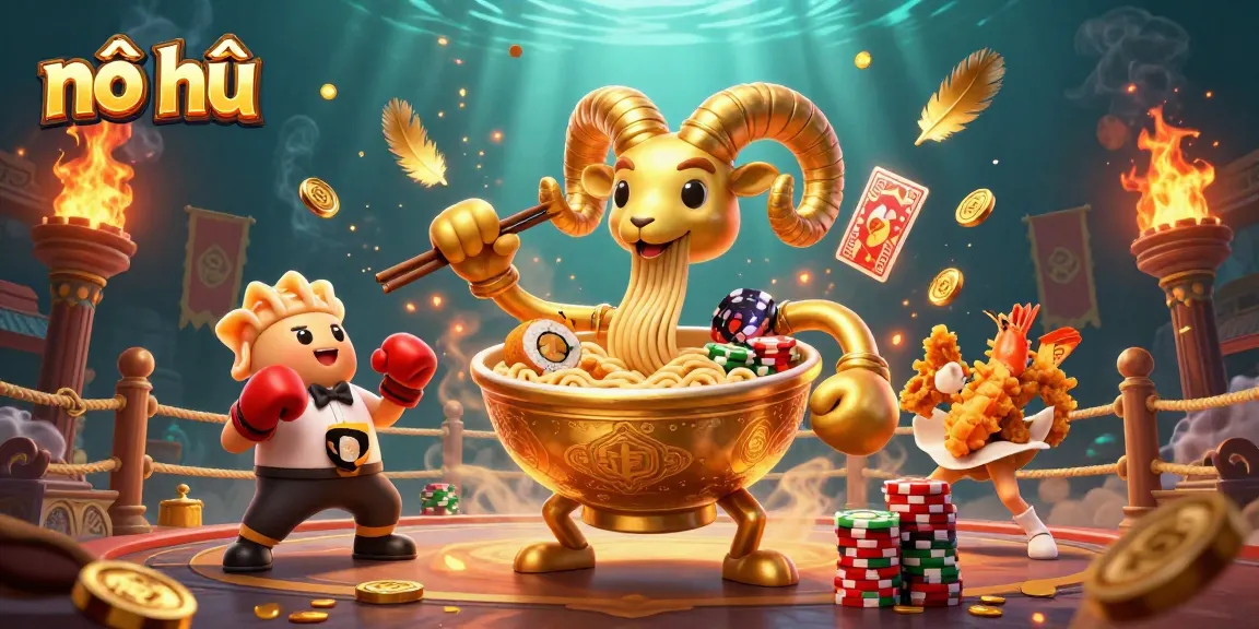Engage in the thrill of nổ hũ with golden ramen bowl cards and dynamic casino elements around.