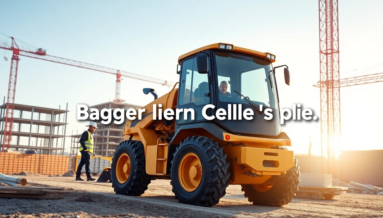 Bagger leihen Celle preis: Moderner Bagger auf einer Baustelle in Celle, umgeben von Bauhelfern, die an einem Projekt arbeiten.