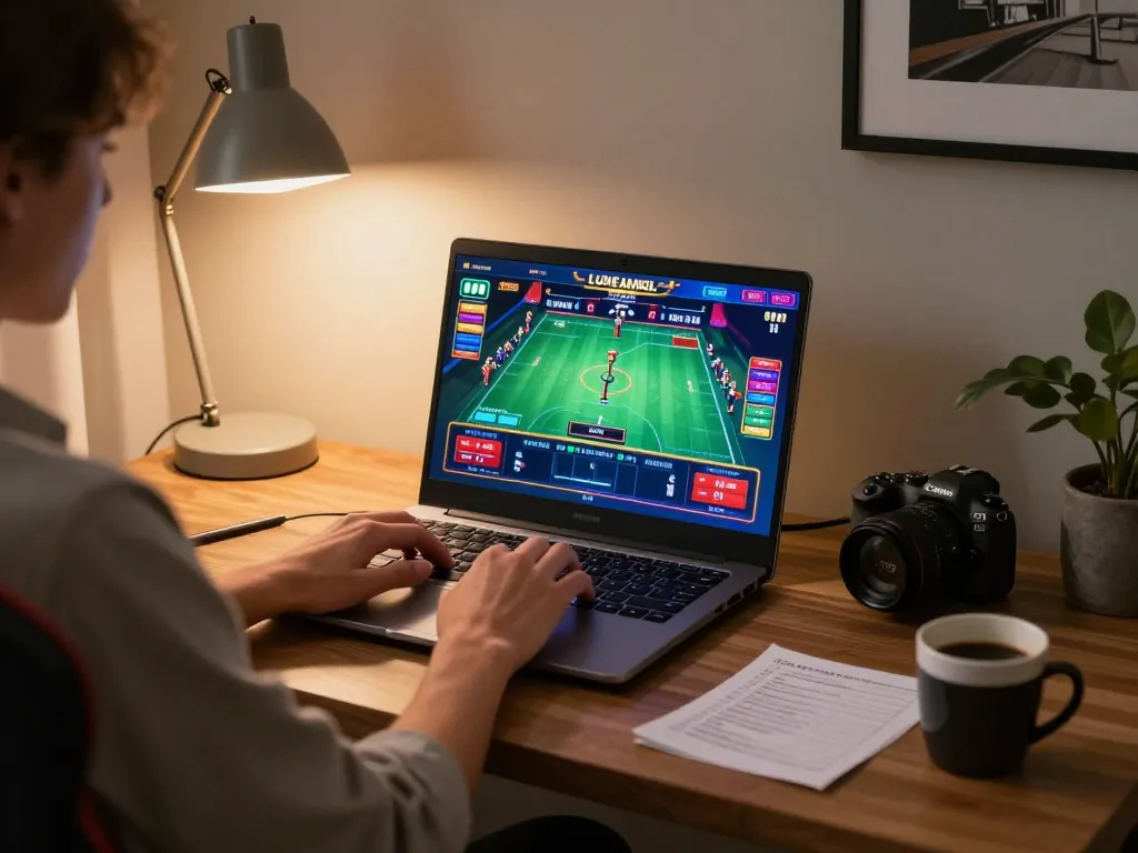 Engage with the LLwin center through an immersive online gaming session in a modern home setting.