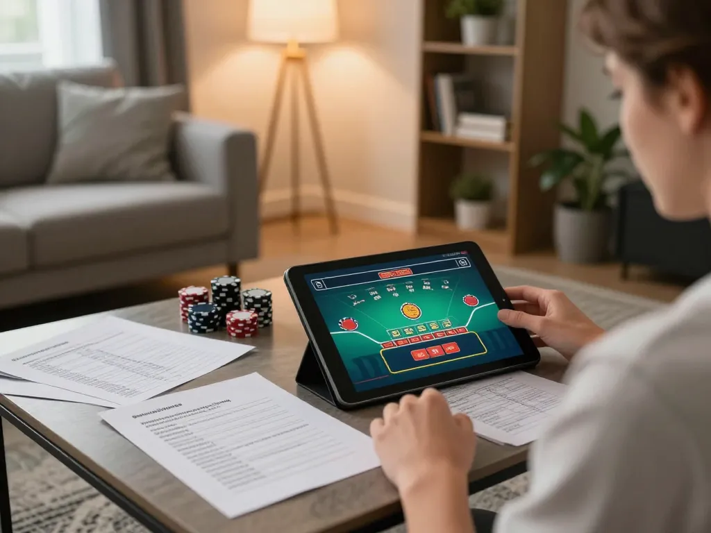 Experience online gaming at https://f8bet.dental/ with a cozy living room setup, focusing on blackjack strategy.