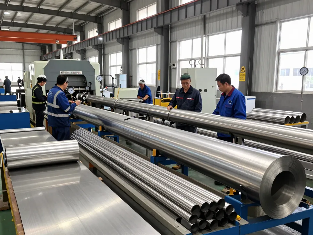 Workers inspecting sumwin stainless steel pipes in a large factory