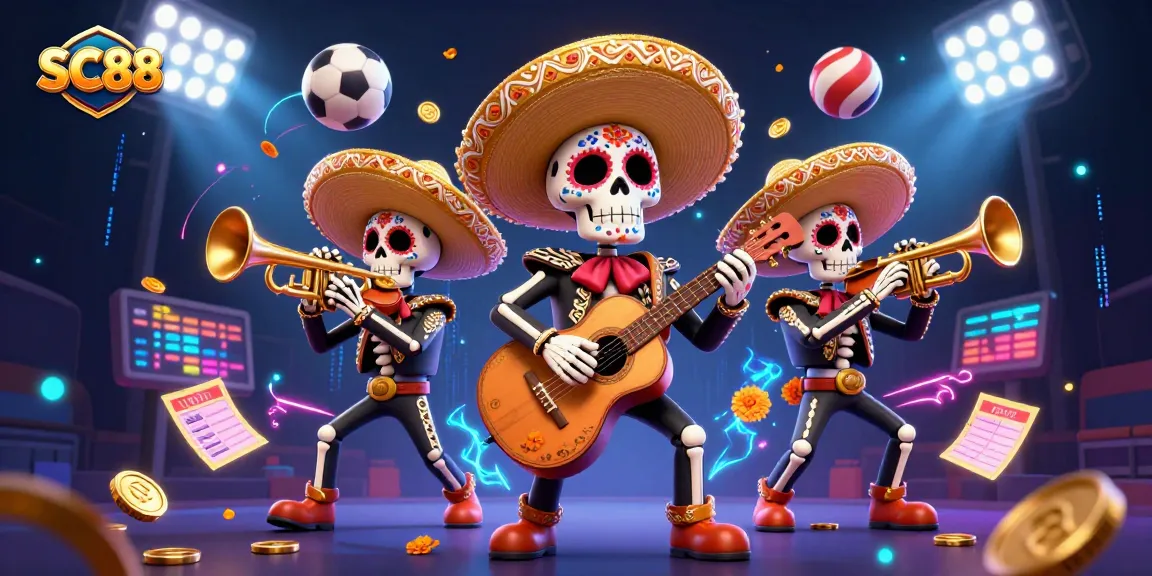 Win with SC88 in a vibrant Day of the Dead casino scene, featuring playful mariachi skeletons.