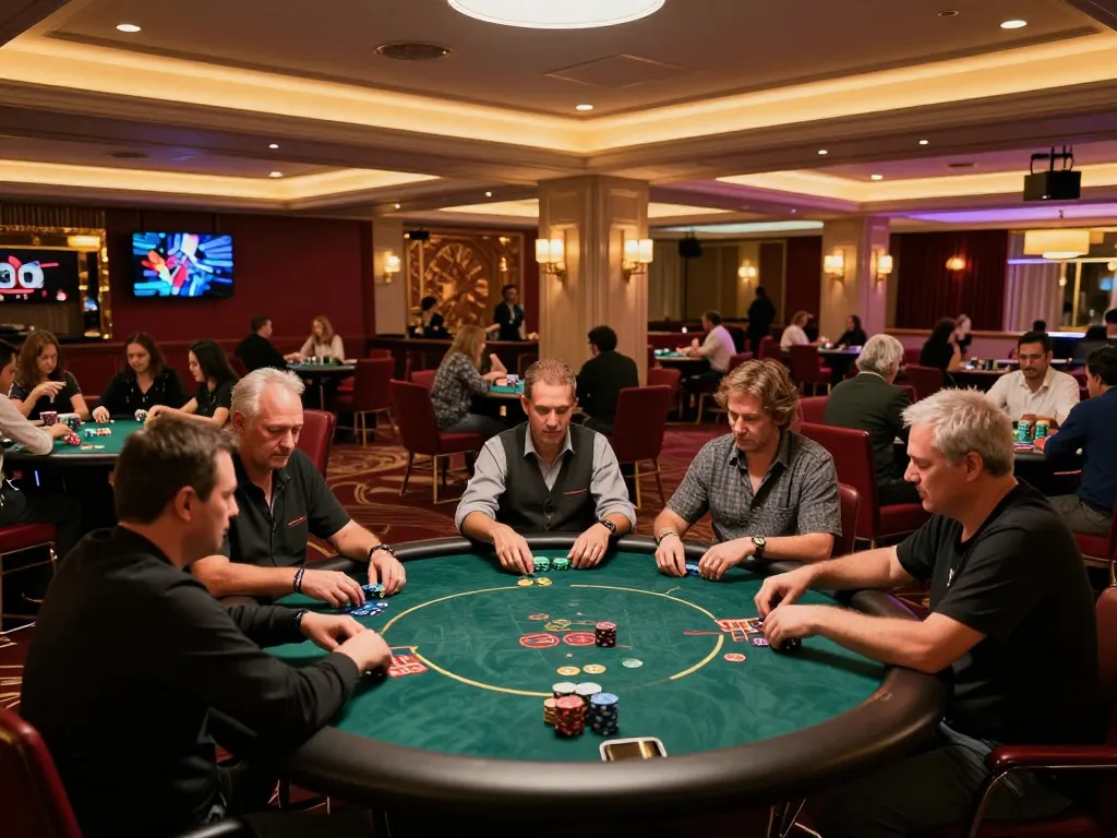Players engaging at a lively poker table in a luxurious casino, highlighting the exciting environment of trang chủ lc88