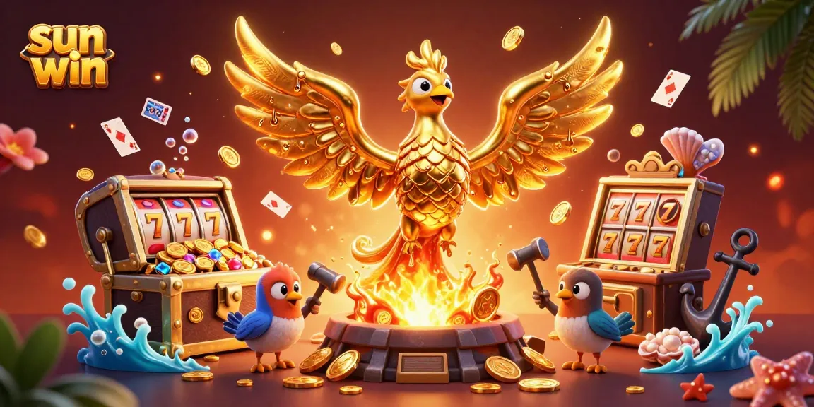 Win big with sun win in this vibrant illustration featuring a golden phoenix surrounded by slot elements.
