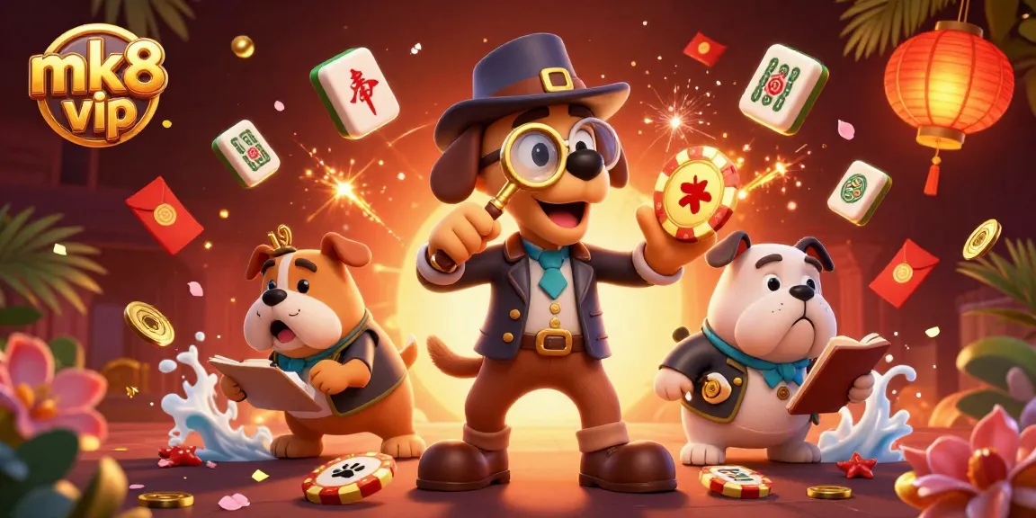 Mk8 VIP casino scene featuring a detective dog and bulldog companion discovering golden poker chips and treasure.