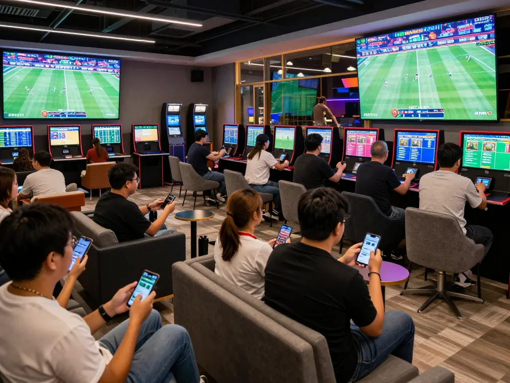 Tỷ lệ kèo nhà cái hôm nay displayed on digital screens, patrons actively engaged in sports betting in a vibrant lounge atmosphere.