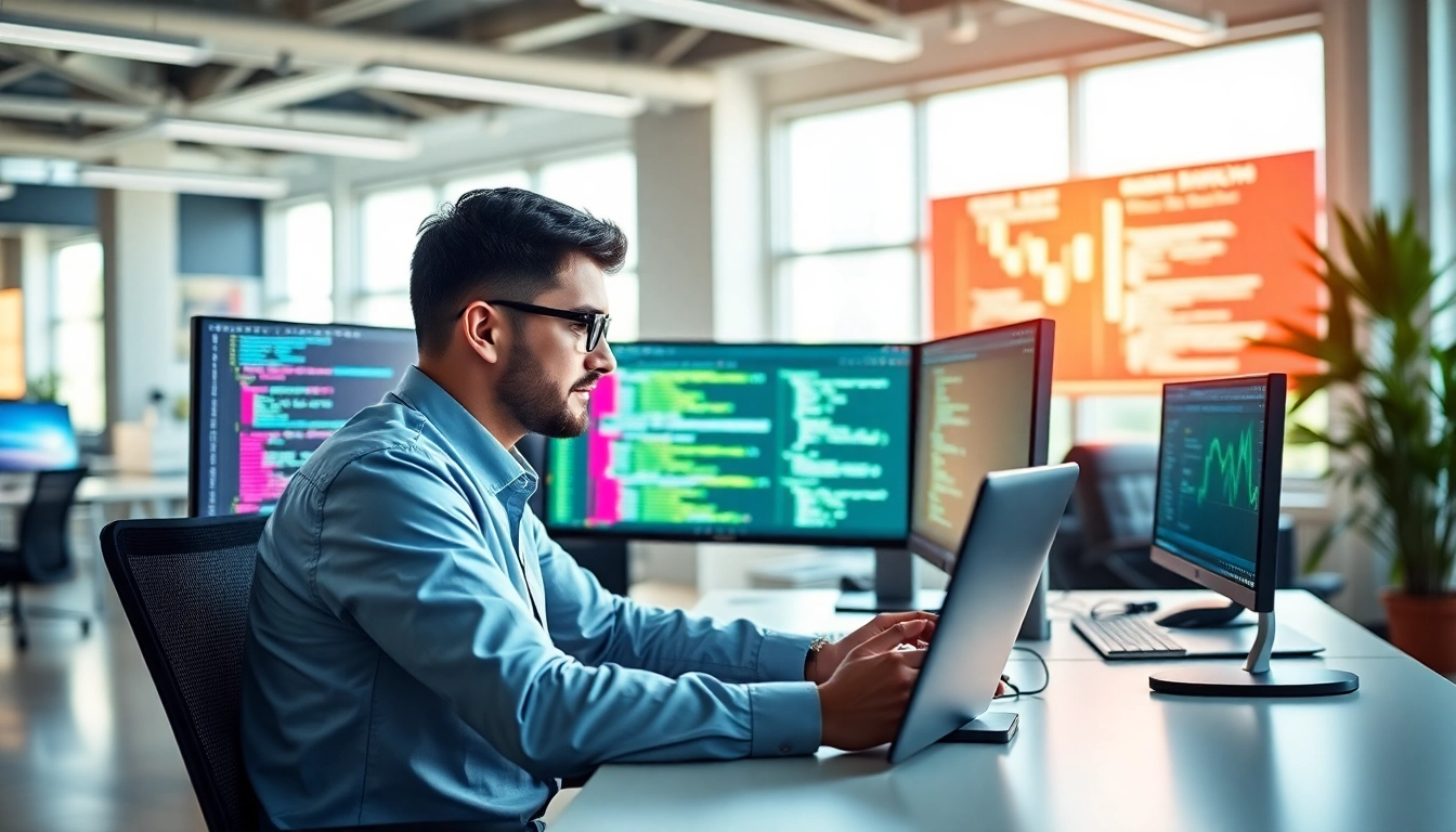 Webentwickler Hannover bei der Arbeit, umgeben von modernster Technologie und einem professionellen Büroumfeld.