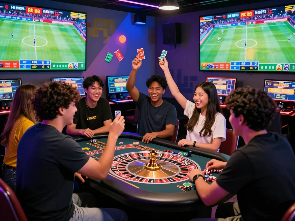 Exciting NK88 online gaming scene with diverse players celebrating a win at a digital roulette table.
