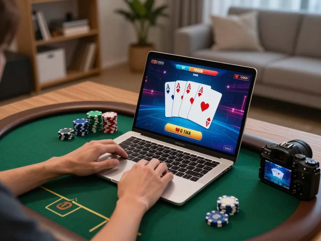 Experience the excitement of poker gameplay at home with 789bethv in a cozy setting, highlighting strategic moves.