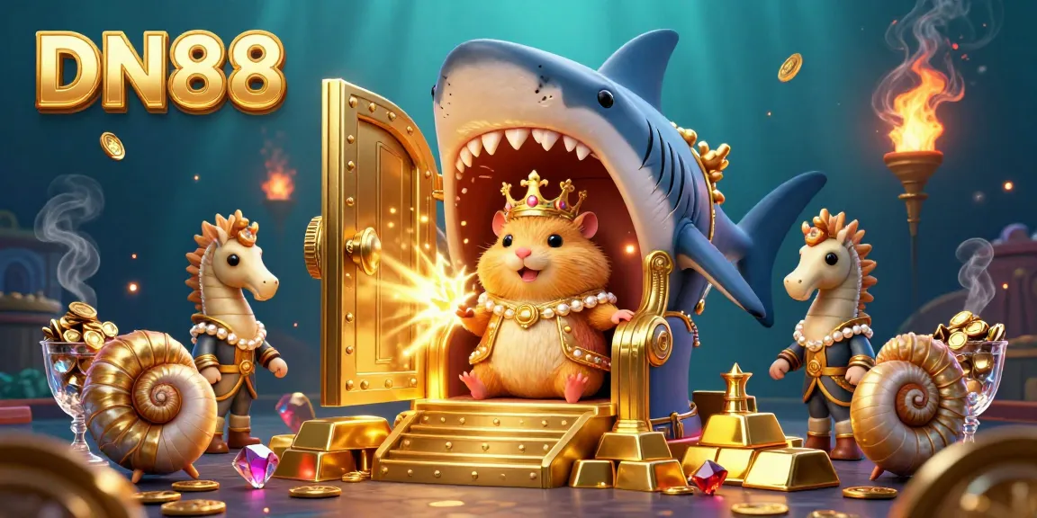Experience thrilling games at DN88 with golden treasures and character royalty in a vibrant casino setting.