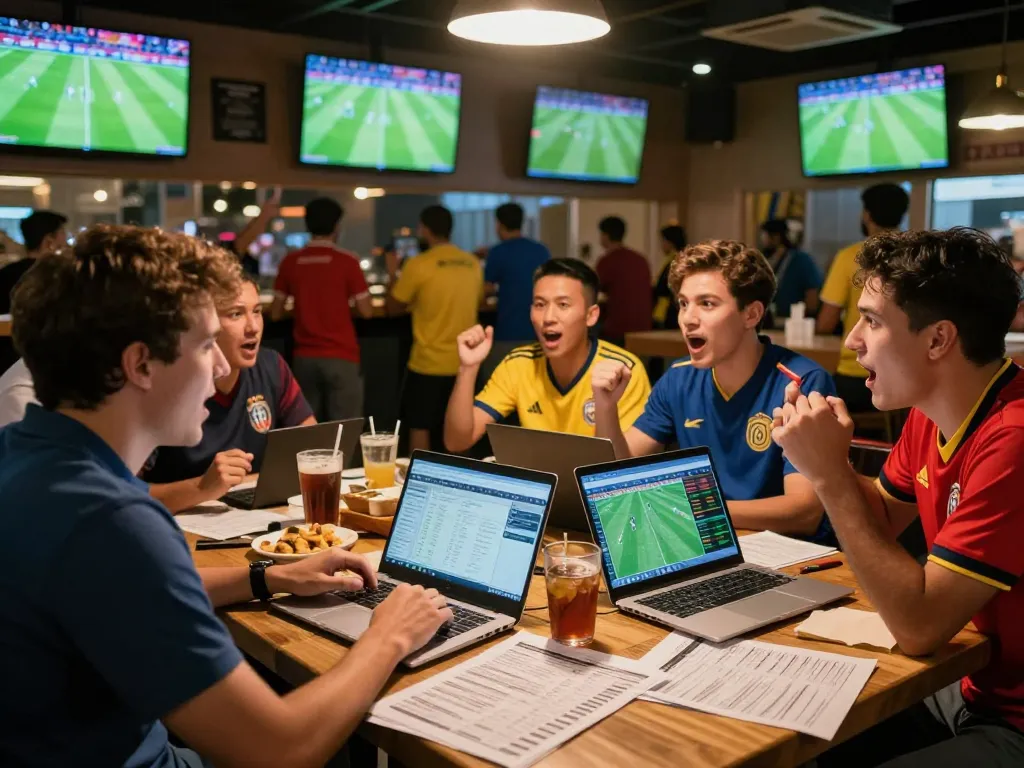 Soi kèo bóng đá analysis in a lively sports bar setting, with analysts engaged over live match data.