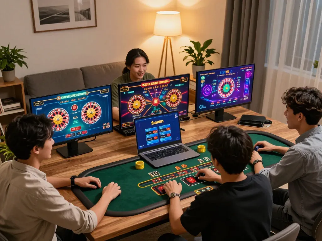 Sunwin live dealer game experience, showcasing players engaged in online gambling from home.