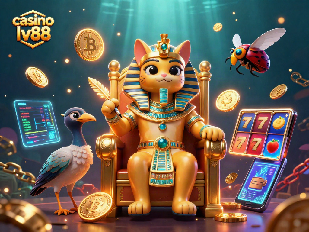 Experience the excitement of casino lv88 with a vibrant illustration blending Egyptian themes and crypto elements.