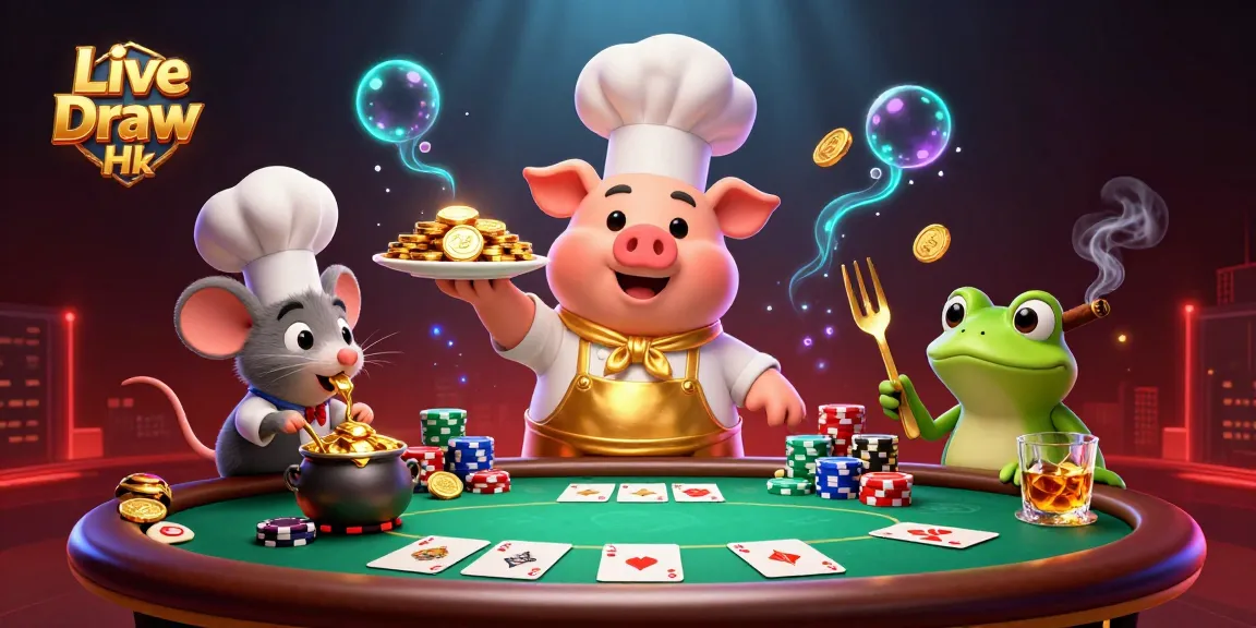 Experience the thrill of Live Draw Hk with vibrant cartoon characters surrounded by casino excitement and gold.