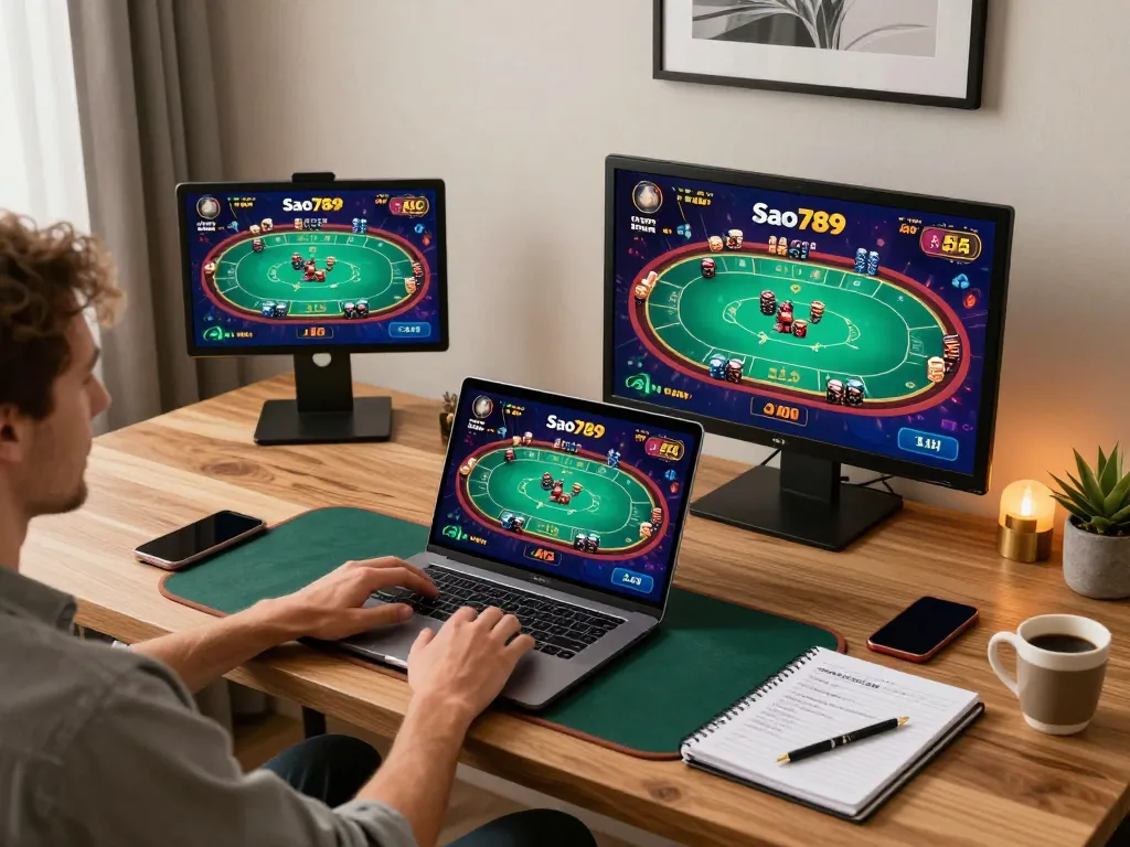 Sao789 player engaged in an online poker game from a stylish home setup, showcasing laptop, notebook, and smartphone.