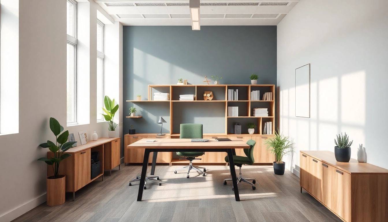 Moderne Büromöbel in elegantem Bürointerieur präsentieren ergonomische Lösungen für produktives Arbeiten.