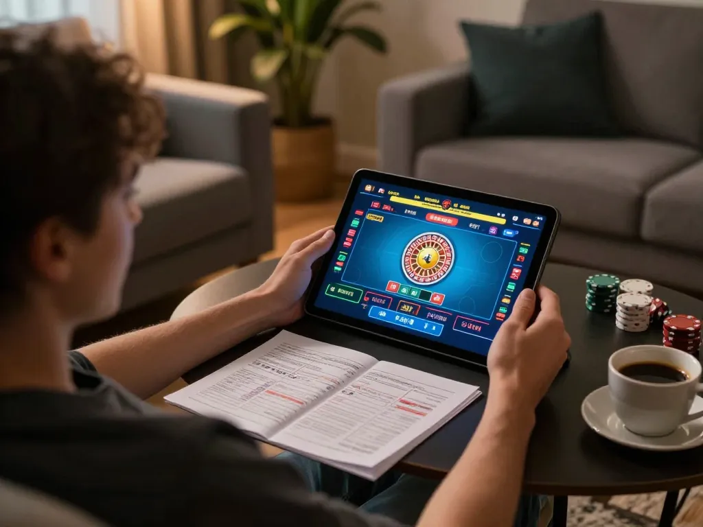 FLY88 players enjoying live dealer games in a cozy home setting while reviewing betting strategies