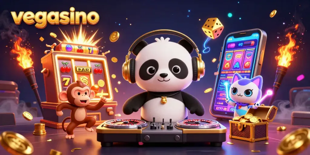 Experience exciting play at vegasino with lively cartoon characters and casino elements.