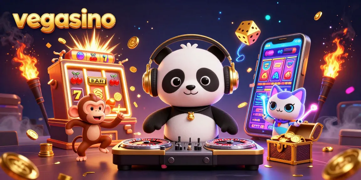 Experience exciting play at vegasino with lively cartoon characters and casino elements.