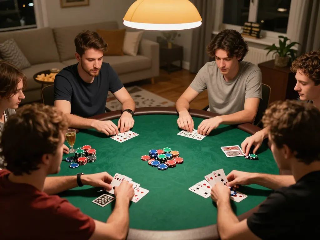 Engaging home poker game with players analyzing hands and using tg88 link for strategy insights