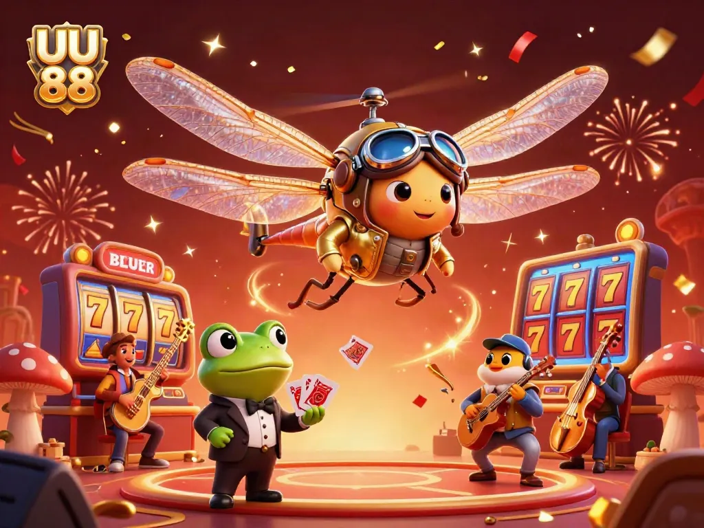 Experience the thrilling ambiance of UU 88 with a dynamic casino scene featuring a dragonfly pilot and a frog croupier.