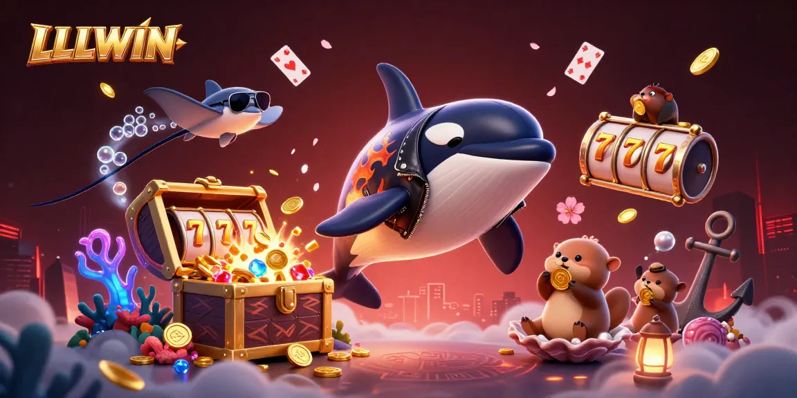 Engaging scene at LLWIN casino featuring playful characters and spinning slot reels surrounded by sea treasures