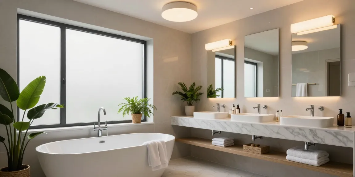 Stilvolle Badezimmer Deckenleuchten verbessern die elegante Atmosphäre eines modernen Badezimmers mit warmer Beleuchtung.
