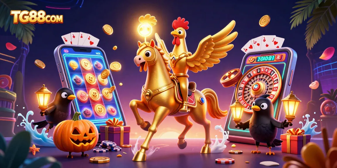 Engage in exciting gaming fun at TG88COM as a golden rooster astride a spectral horse showcases vibrant casino elements.