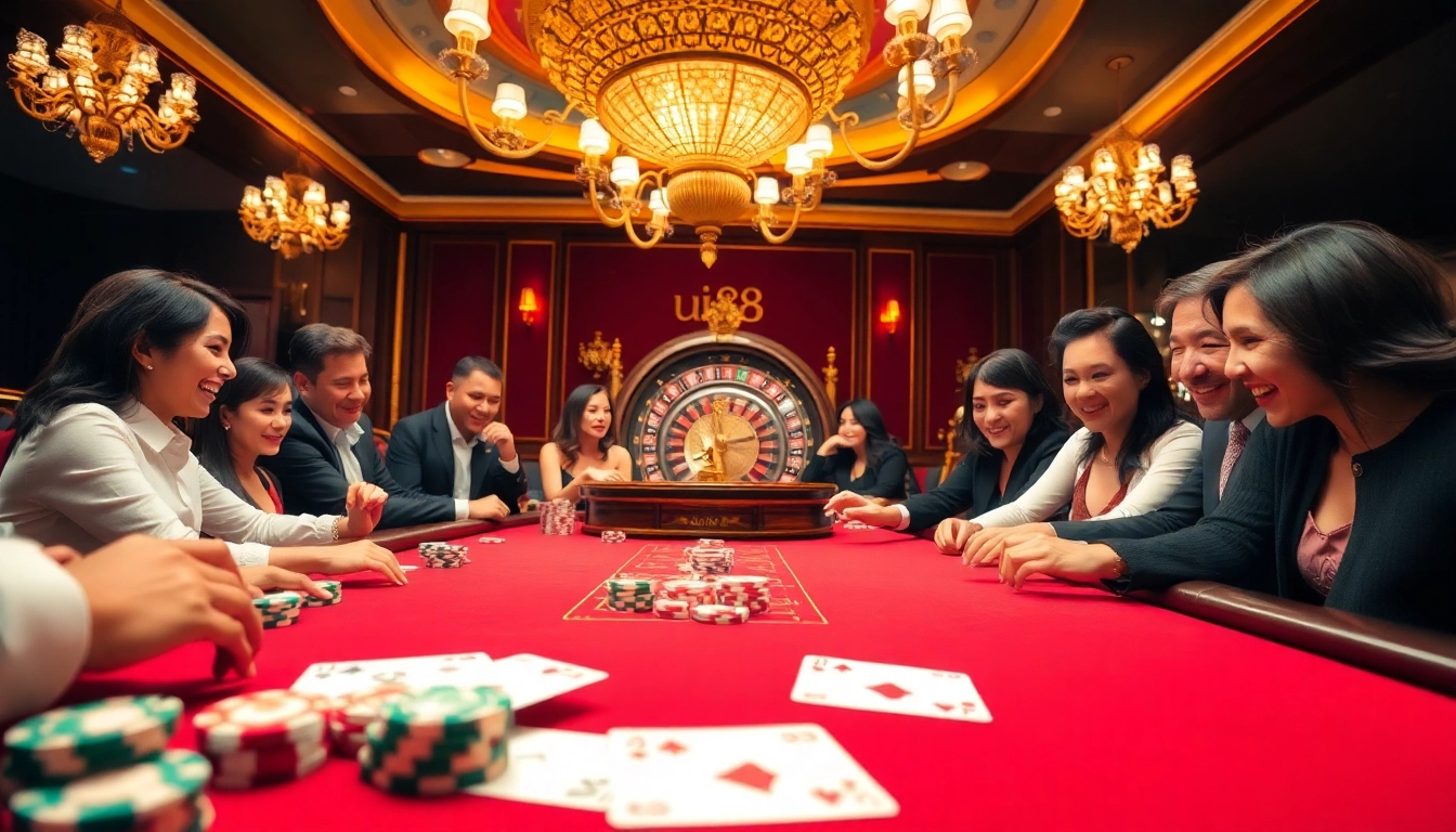 Players enjoying a thrilling poker game at uu88 casino, showcasing high stakes and excitement.