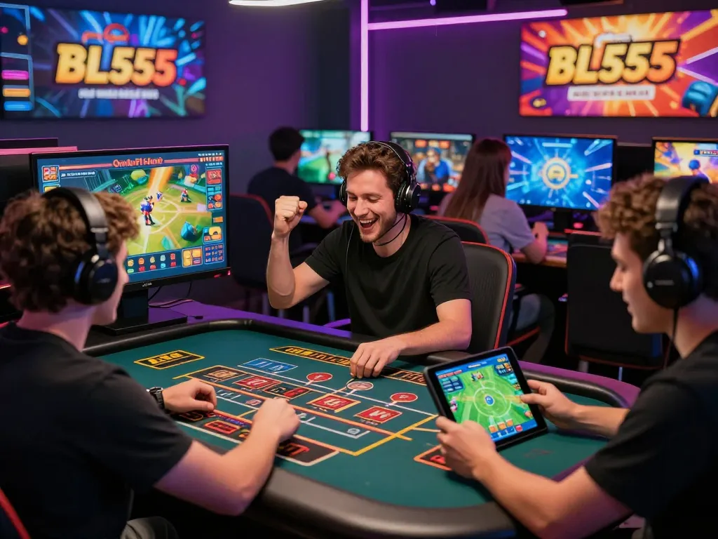 Exciting gaming scene at BL555 showcasing players celebrating wins and analyzing odds, reflecting the dynamic online gaming atmosphere.