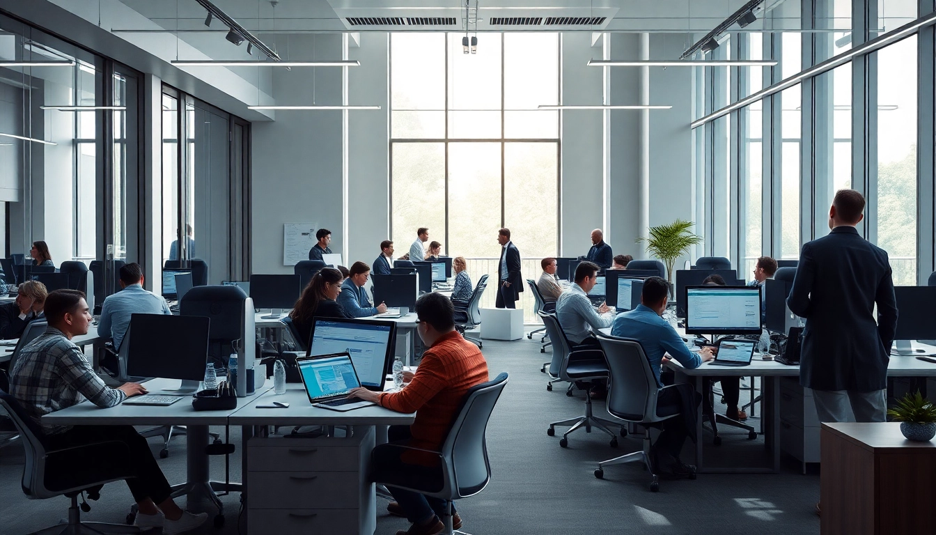 Visualize Prozessoptimierung in a modern office, highlighting teamwork and digital tools for efficiency.
