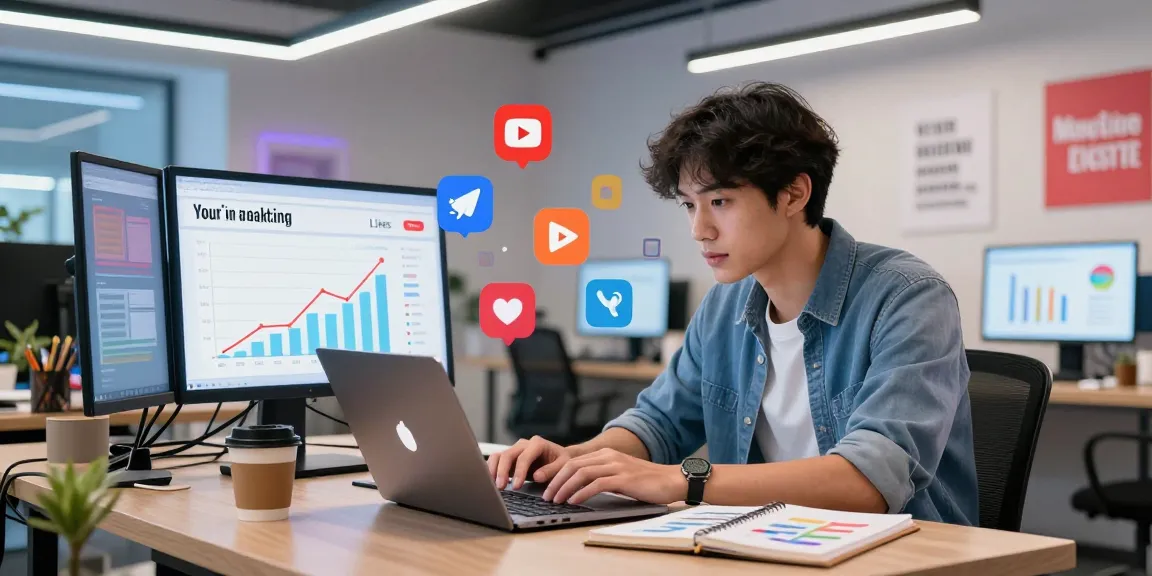 YouTube Likes kaufen: Digitales Marketingbüro mit Professionellen, die an Analysetools arbeiten.