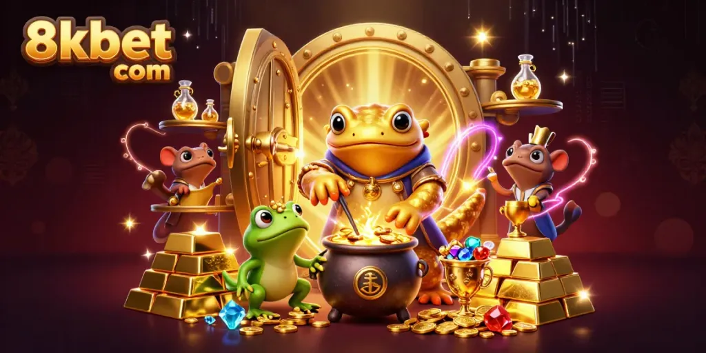 Experience golden transformation with the 8xbet com alchemist duo amidst treasures in a captivating casino.