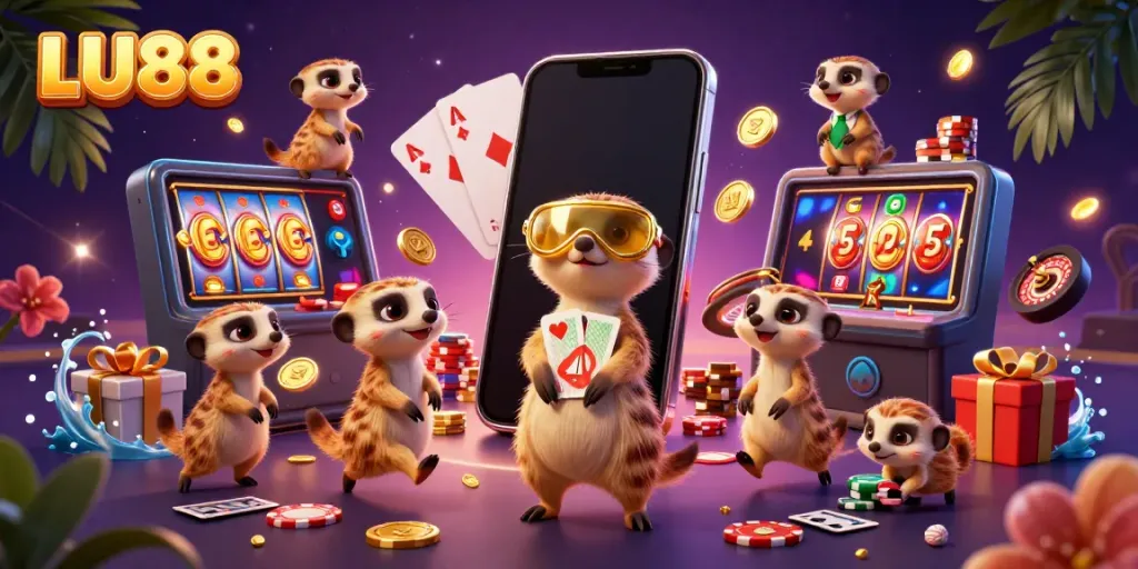 Experience the excitement of LU88 with meerkats managing a vibrant casino scene, featuring dynamic game elements and energy.