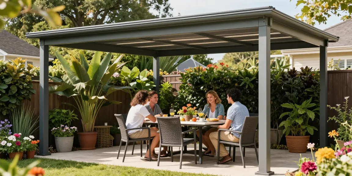 Freistehende Terrassenüberdachung im Garten mit fröhlichem Paar und Freunden.
