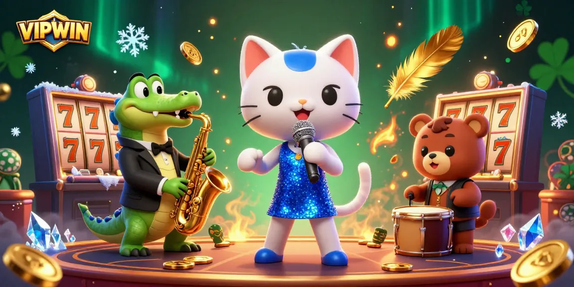 Enter the vibrant scene of VIPWIN with a jazzy cat, crocodile, and bear cub celebrating slots.