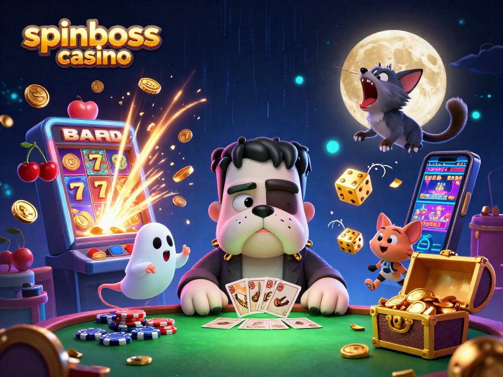 Spieler im spinboss casino genießen aufregende Kartenspiele an einem gruseligen Tisch mit Geistern und Glückssymbolen.