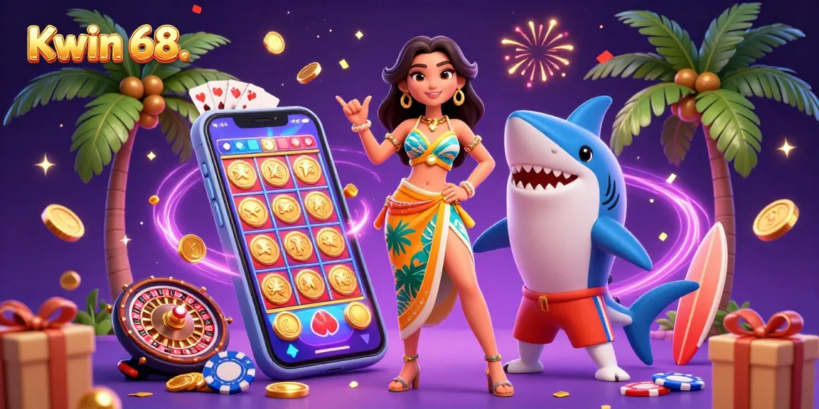 Kwin 68 showcases an exciting 3D casino scene with immersive game elements, golden coins, and vibrant characters.