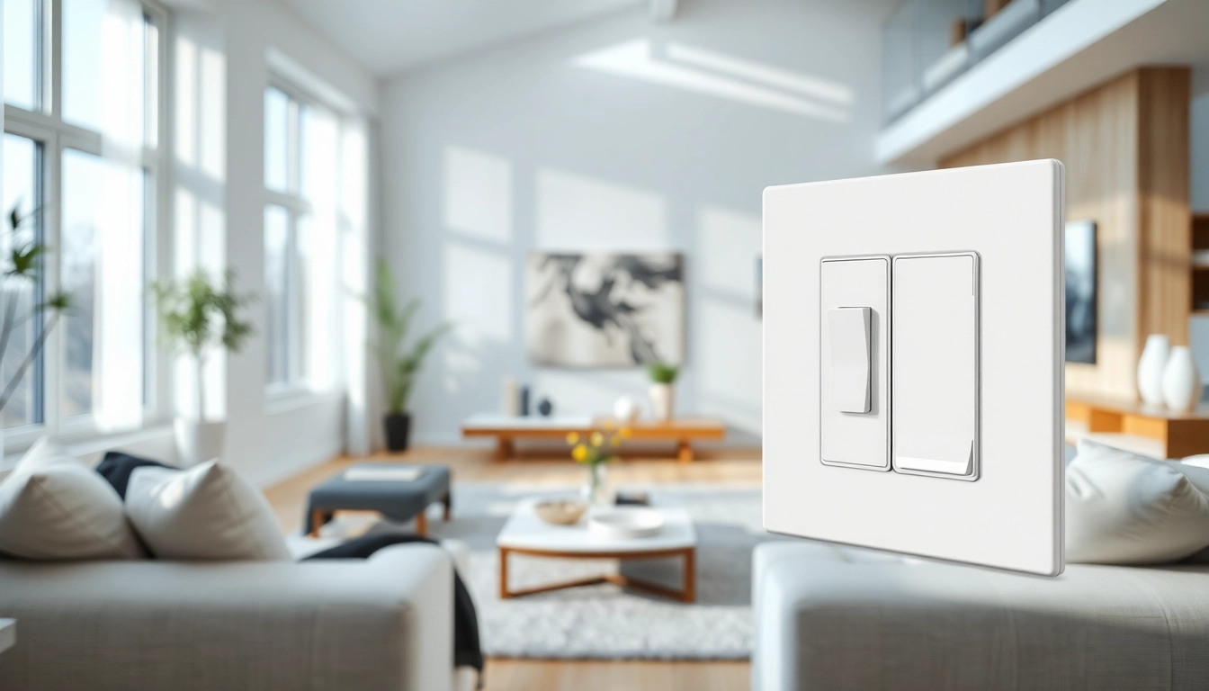 Merten Schalterprogramme in a modern living room, showcasing stylish design and elegant controls.