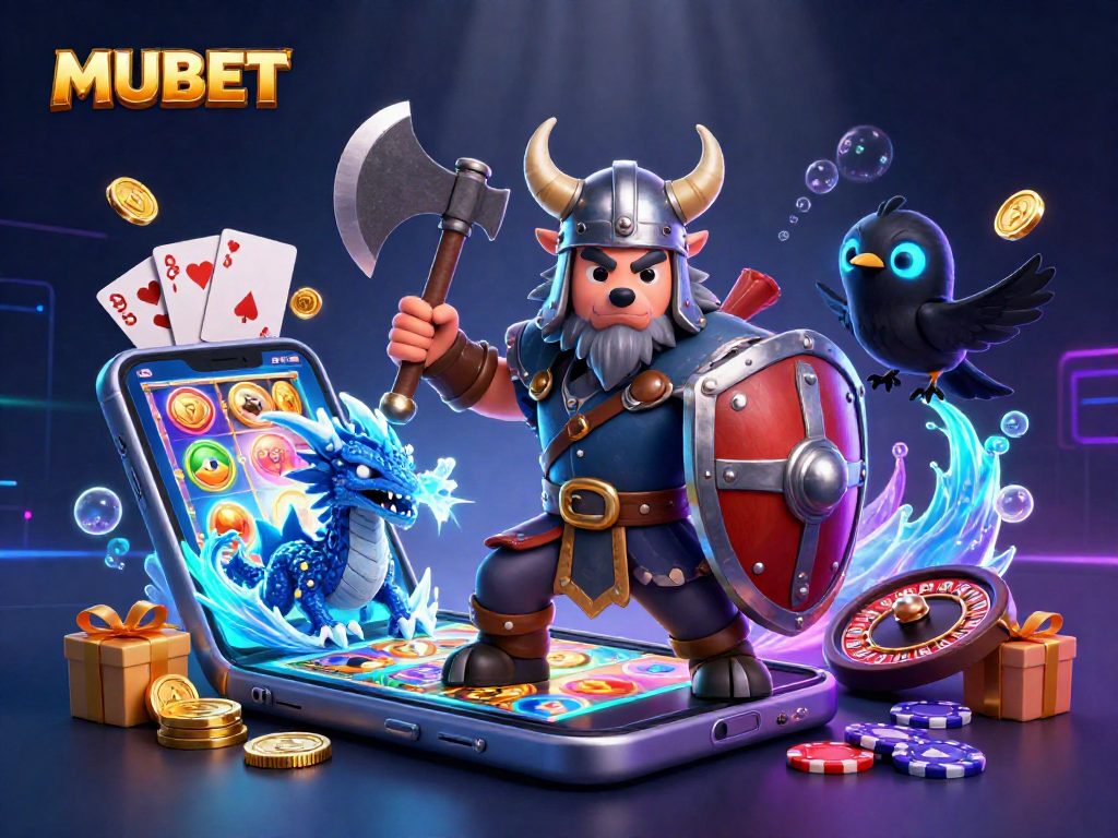 MUBET showcases a Viking wolf warrior, dragon, and raven amidst vibrant casino games, emphasizing gaming excitement.