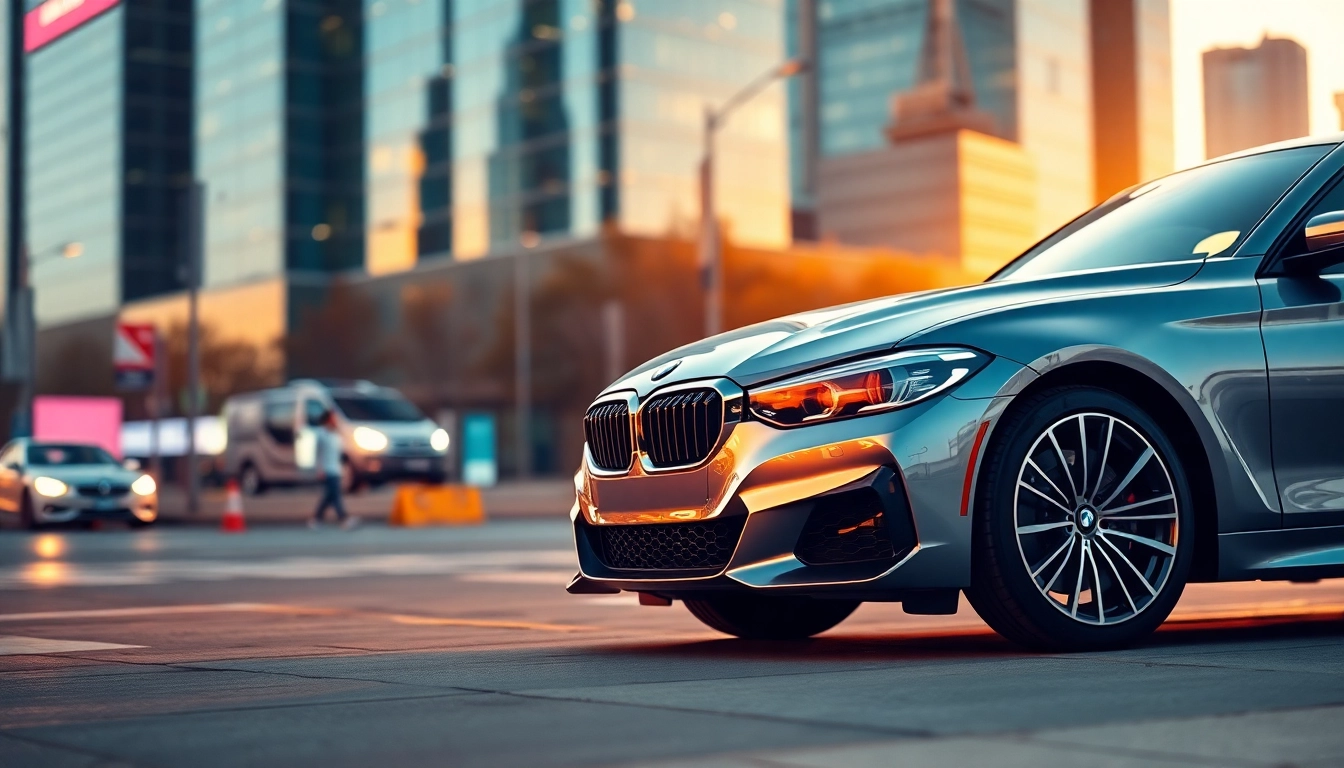 BMW kaufen – Ein elegantes BMW-Auto in einer modernen Stadtumgebung präsentieren.